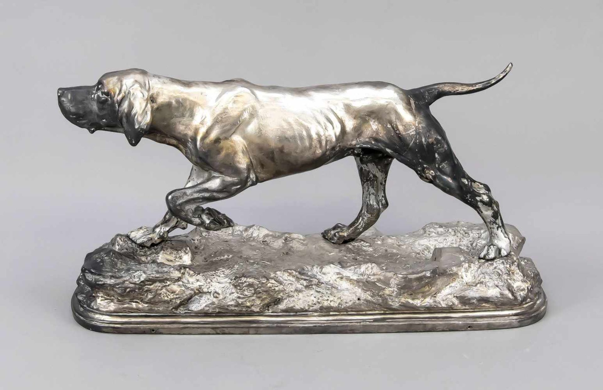 Anonymous 19th century animal sculptor, large figure of a scenting hunting dog,silver-colored