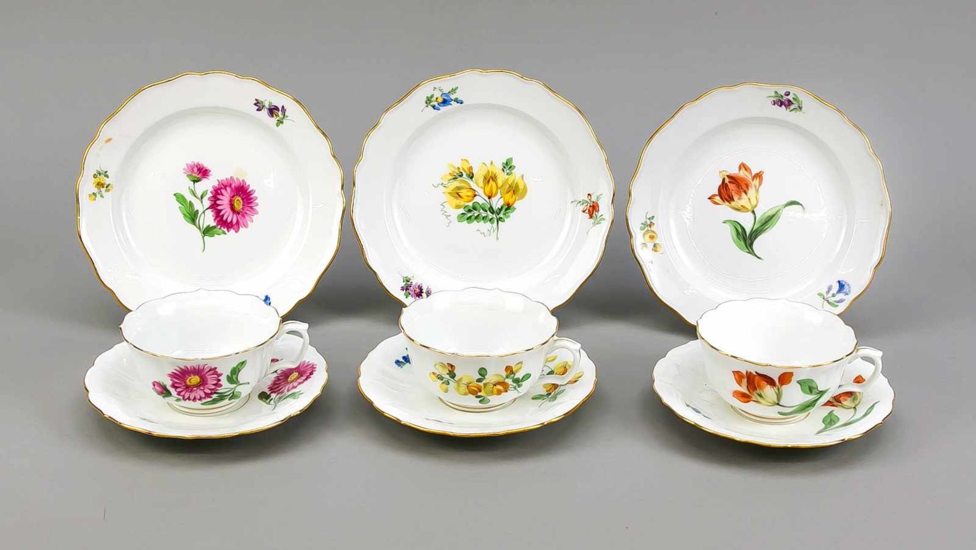 Three place settings, 9 pieces, Meissen, mark 1924-34, 2nd quality, shape new cutout,polychrome