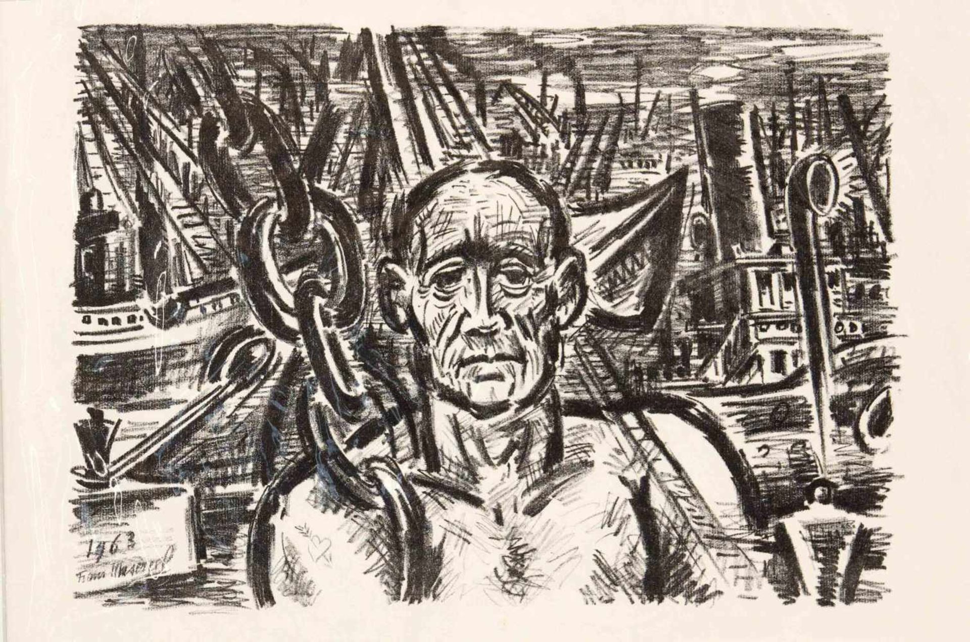 Frans Masereel (1889-1972), dock worker, lithograph, u. left signed in stone u. dated1963, 31 x 45