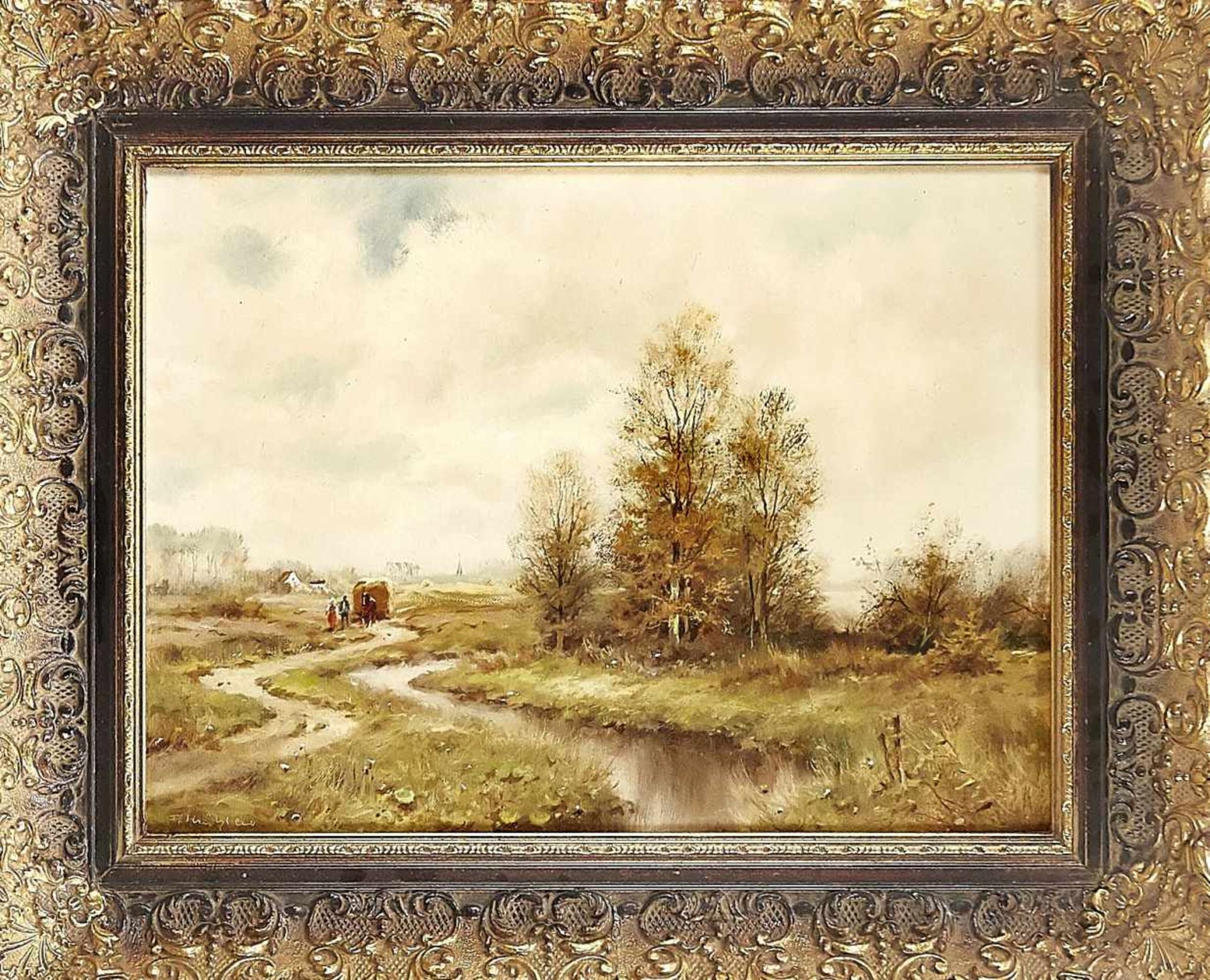 Unidentified painter 2nd half of the 20th century, wide autumn landscape with returningfarm pair,