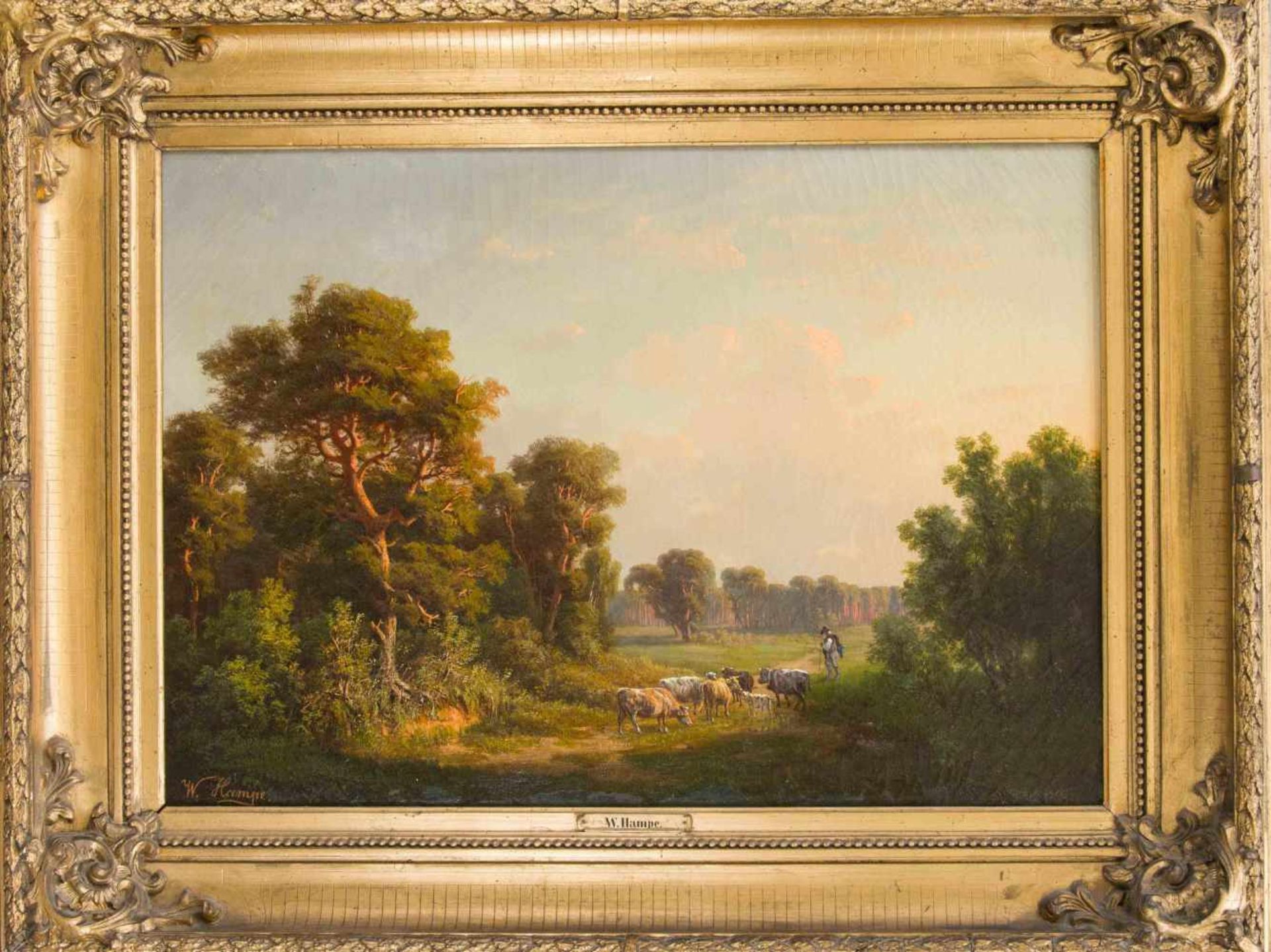 Wilhelm Hampe (1817-?), German landscape painter, large idyll with herd of cows in asummer landscape