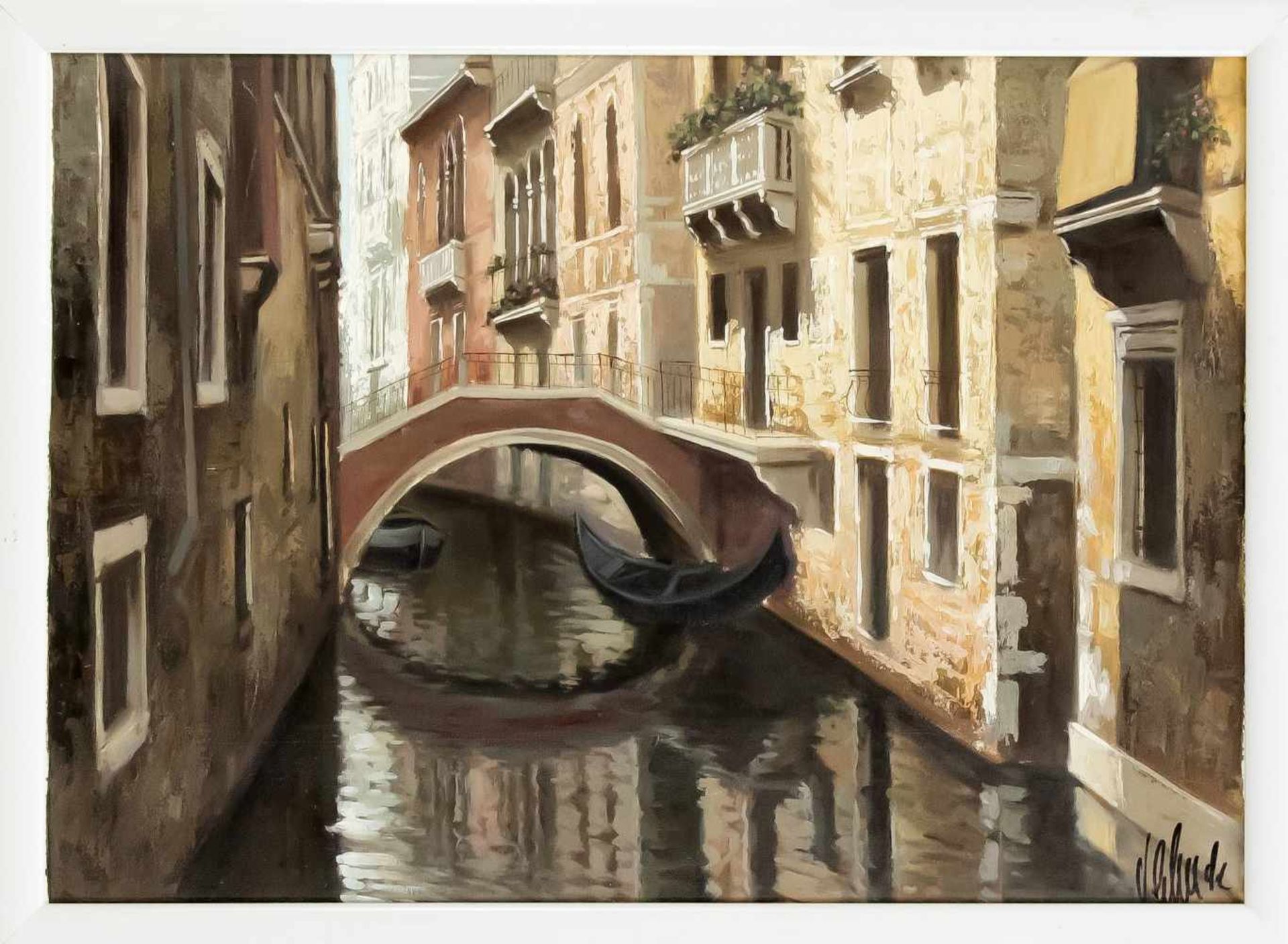 Popov, Russian painter 2nd half of the 20th century, naturalistic view of a canal inVenice, oil on