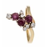 Ruby-Brilliant-Ring GG / WG 585/000 with 3 round faceted rubies 4.5 mm in very good colorand purity,