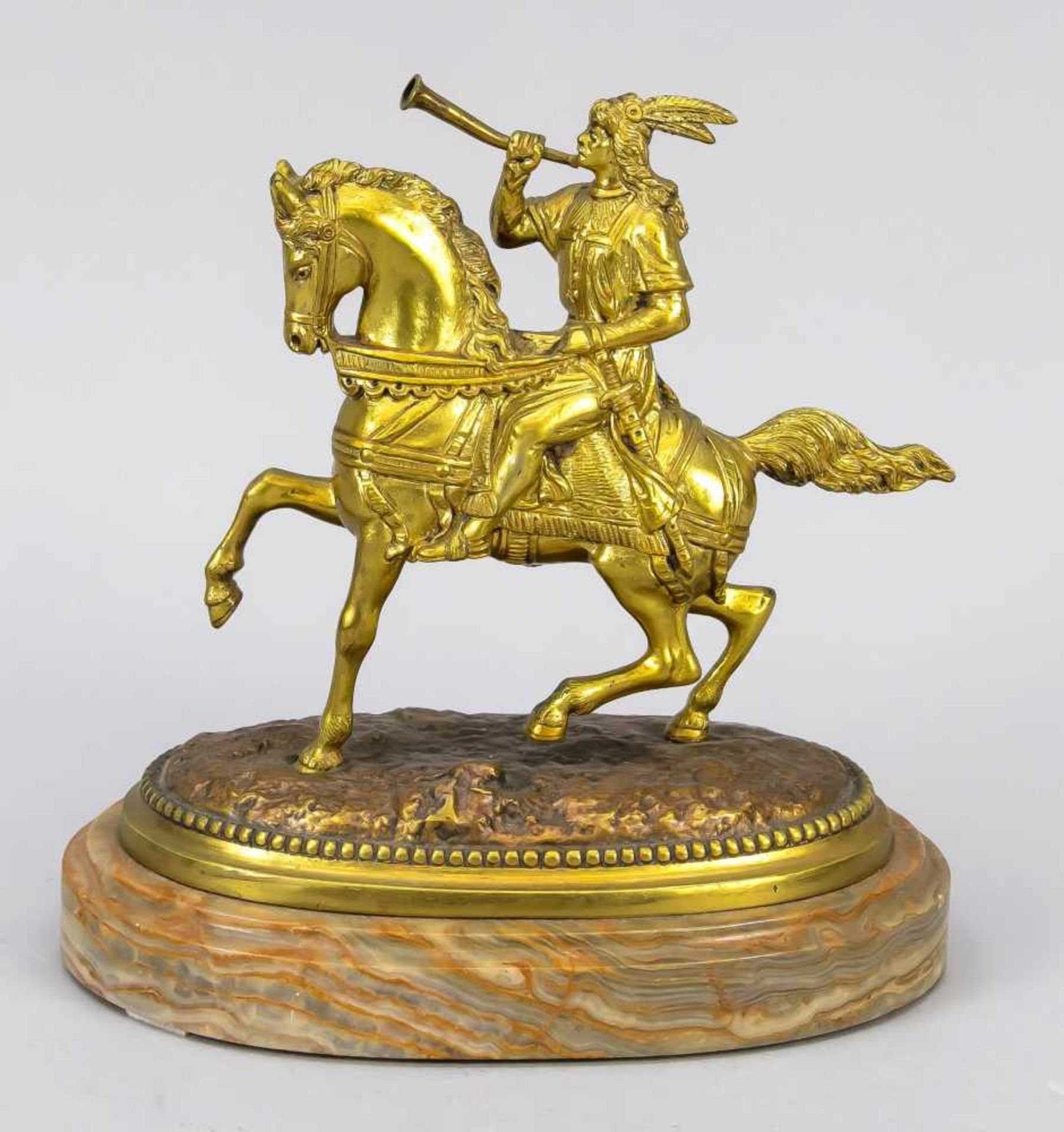 Anonymous, probably Russian 19th century sculptor, mounted Tatar blowing a horn, gildedbronze over