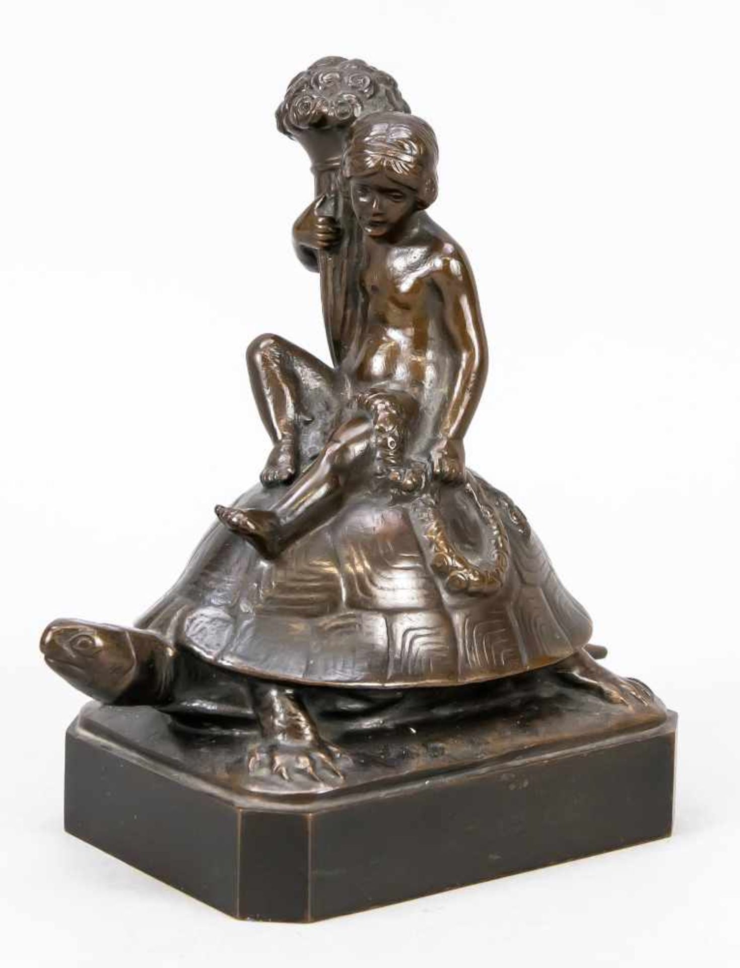 C. Bull, sculptor around 1900, girl on turtle, bronze dark brown patinated, signed,foundry stamp