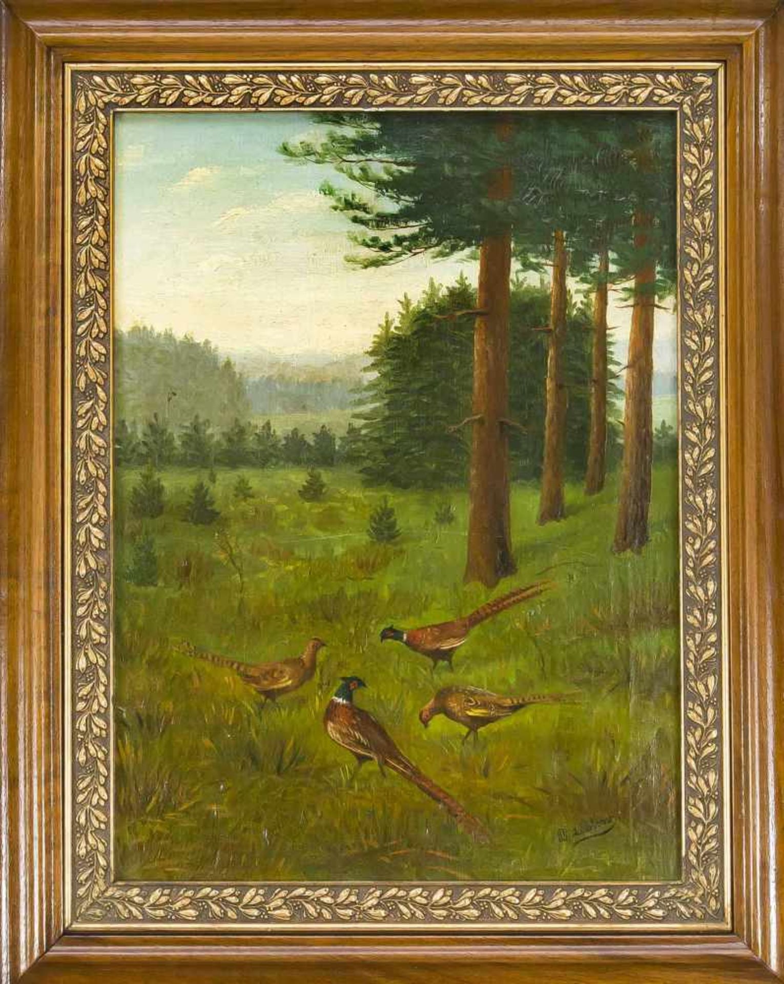 P. Lübtons, 1st half of the 20th century. Pheasants in a clearing in the morning, oil oncanvas, u.