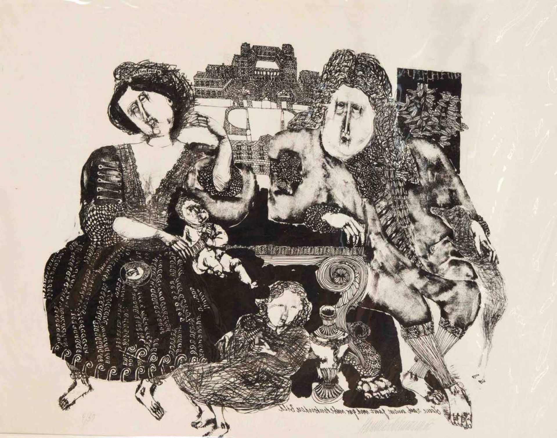 Hanno Edelmann (1923-2003), group portrait of a ruling family of the Baroque, lithography,u. re.
