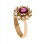 Ruby-Brilliant-Ring GG 585/000 with an oval fac. Ruby 6 x 4.5 mm in good color and 10diamonds, in