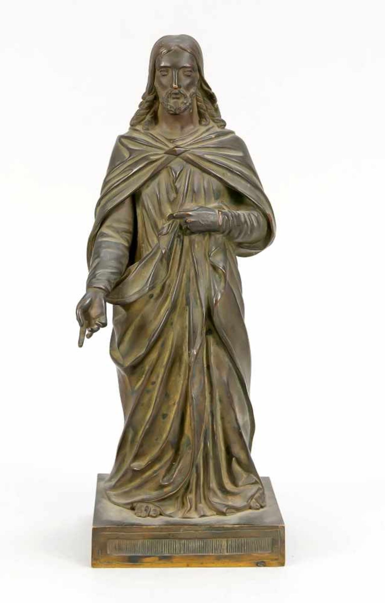 Bildhauer Mitte 19. Jh., Christus zur Erde weisend, patinierte Bronze auf quadratischerPlinthe,
