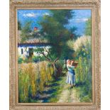 Lajos Rezes Molnar (1896-1989), ungarischer Maler, großes, sommerliches Gartenstück mitWinzerin