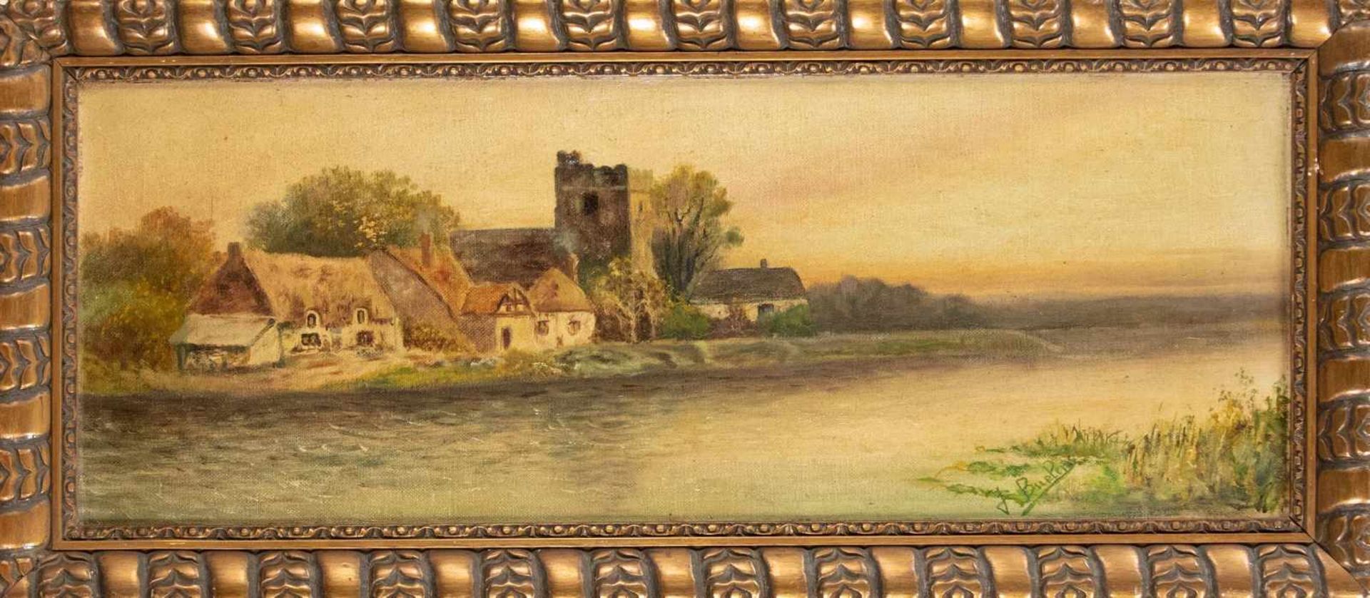 J. Buelens, um 1910, Landschaft mit Fluß und Burgruine, Öl auf Malkarton., u. re. sign.,20 x 55