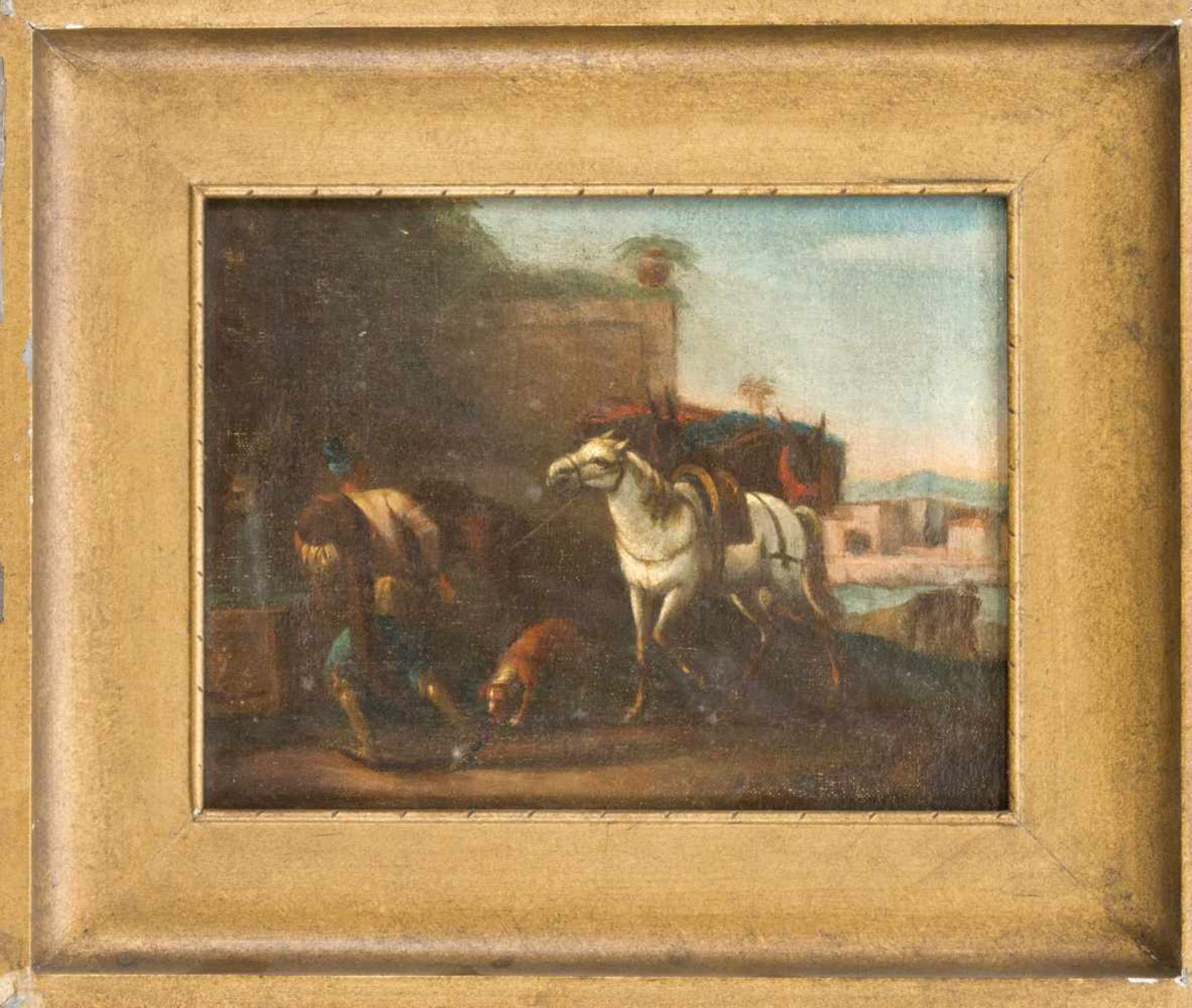 Niederländischer Maler des 17. Jh., Paar Gemälde in der Art von Philips Wouwerman mitPferden und - Image 2 of 2