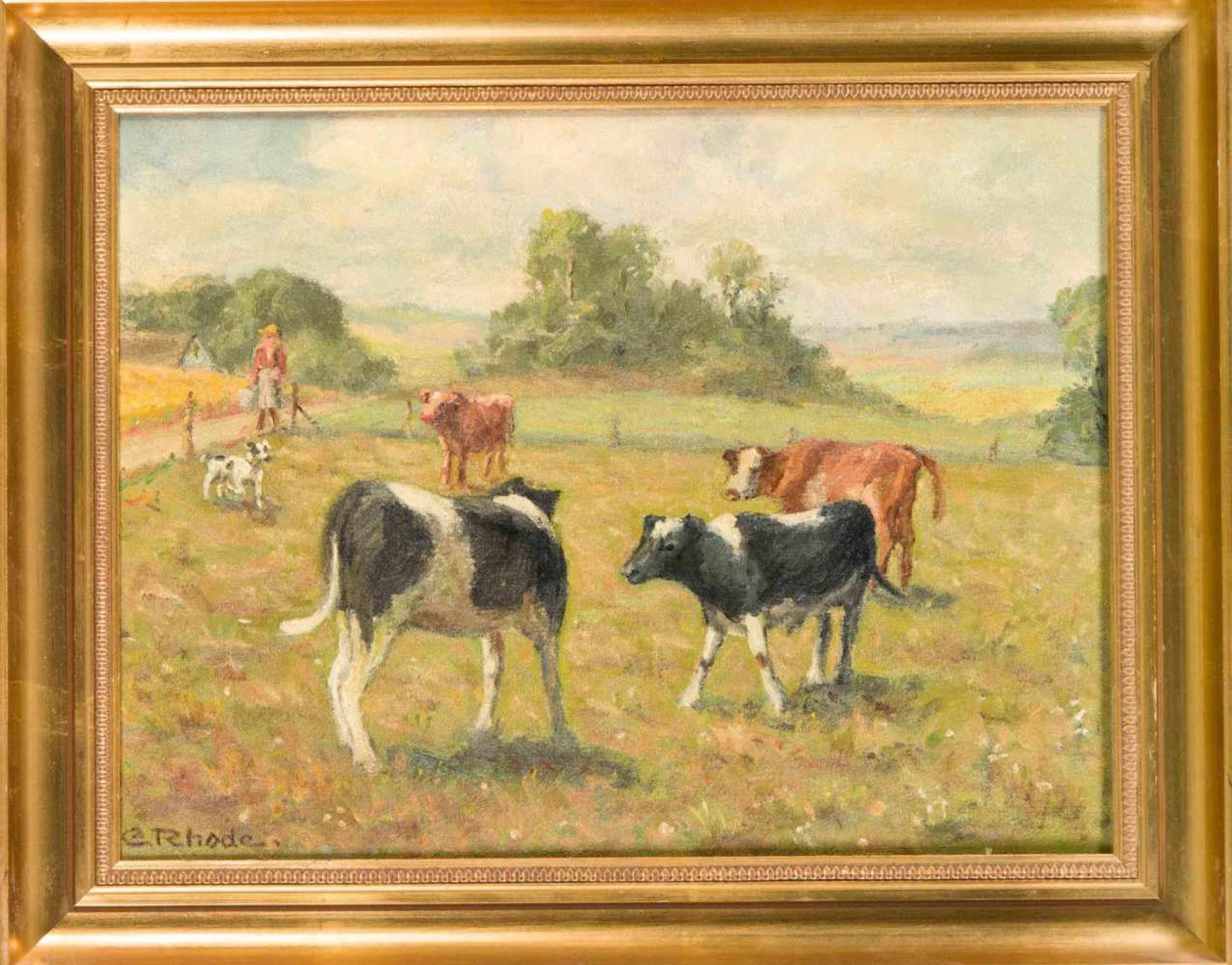 Christian Rhode (1887-?), in Aalborg geb. dänischer Maler, Landschaft mit Kühen aufsonniger Weide,