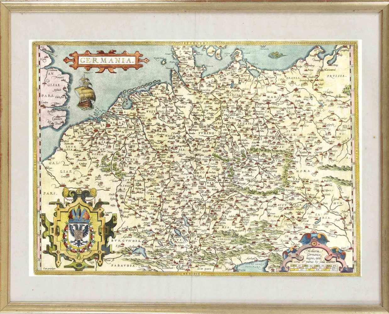 Historische Karte von Deutschland, Kupferstich "Germania" bei Ortelius um 1580, koloriert,drei