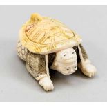 Netsuke, Japan, um 1900, Elfenbein. Bärtiger Mann mit einem Schildkrötenpanzer auf demRücken,