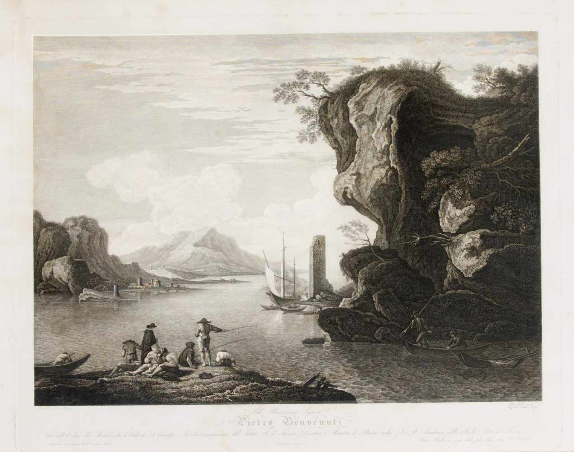 Pietro Bulli (19. Jh.) nach Salvator Rosa (1615-1673), Fischer an norditalienischem See,Radierung