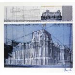 Christo (1935-2020), "Wrapped Reichstag", Farboffset auf Velin, u. re. in Blau handsign.,54 x 59 cm,