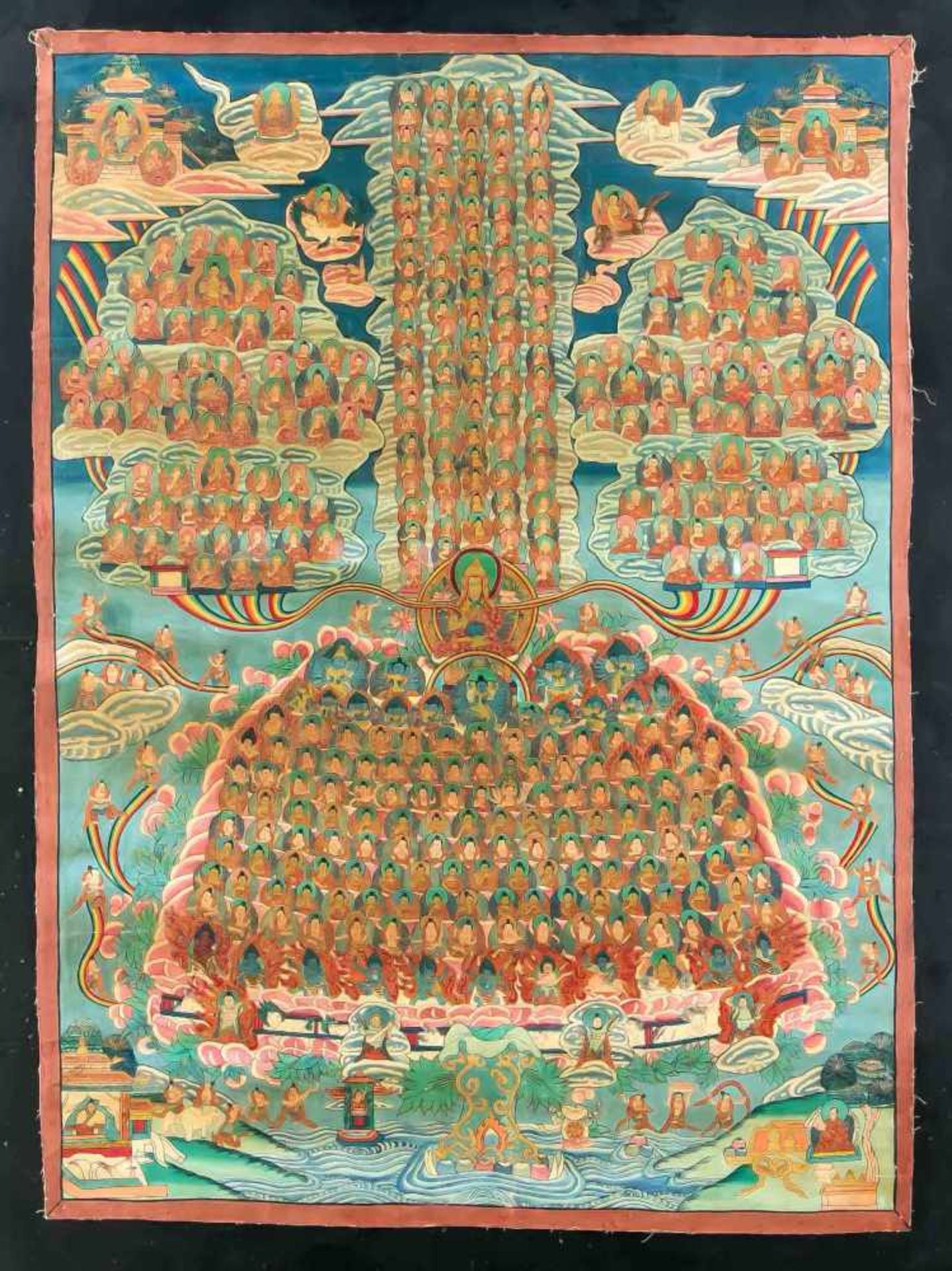 Thangka, Tibet, 1. H. 20. Jh., polychrome Pigmente u. Gold auf Leinen, kaschiert aufHartfaser,