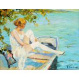 Alik Aleksandrovitch Shtylkin (*1953), russischer Maler, Mädchen auf einem Boot am Seeuferim Stil