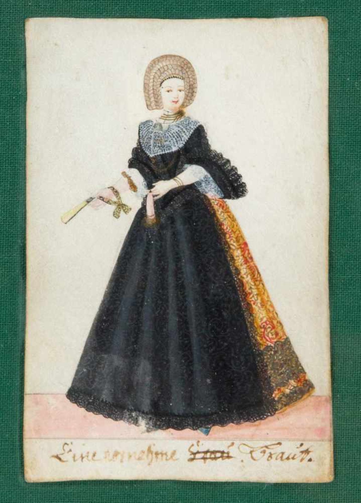 Fünf Miniaturen um 1700, kostümhistorisch interessante Darstellungen der Brautmode derZeit. Vier