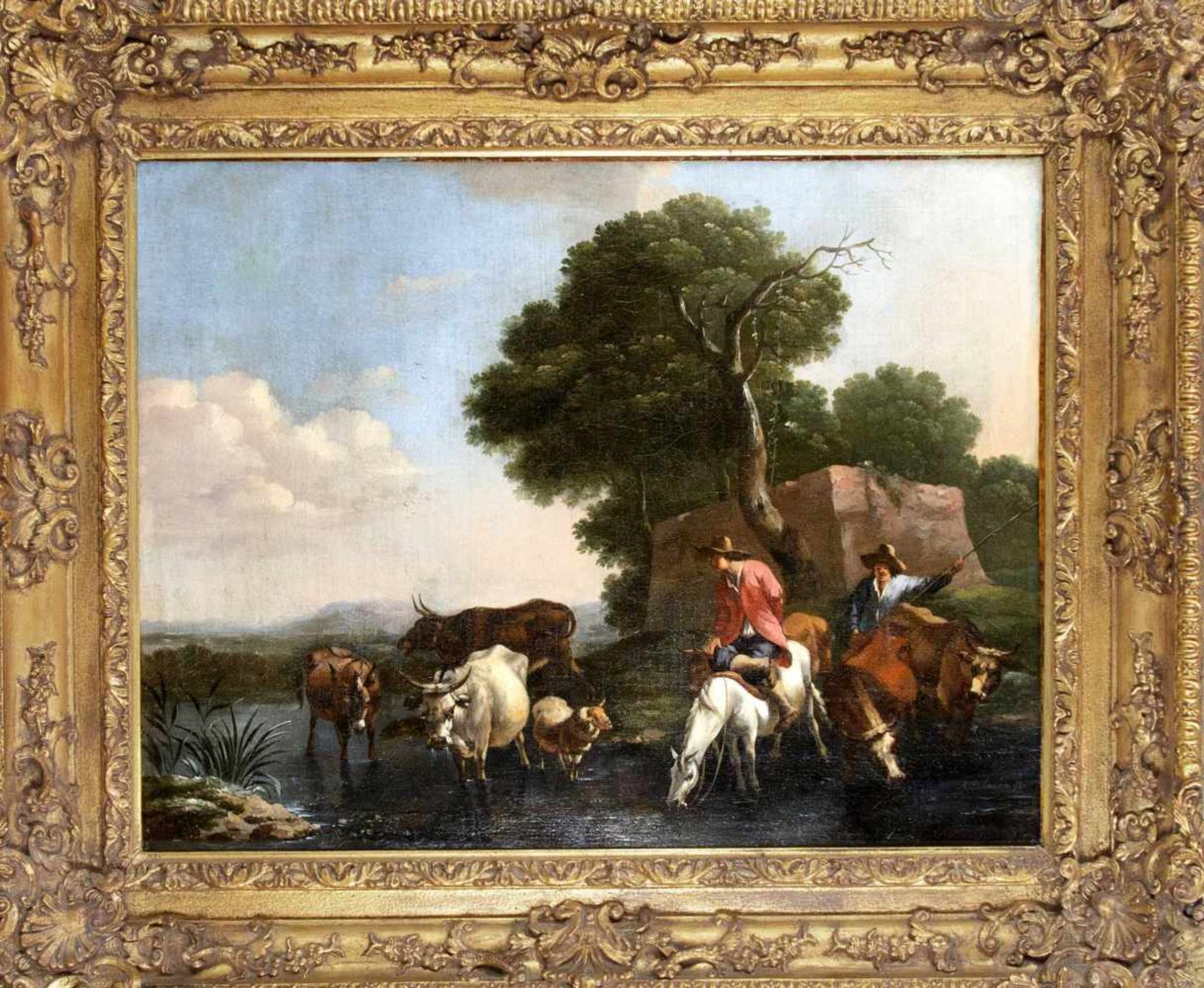 Jan Frans Soolmaker (1635-1665), italienisierende Landschaft mit Viehhirten und ihrerHerde beim
