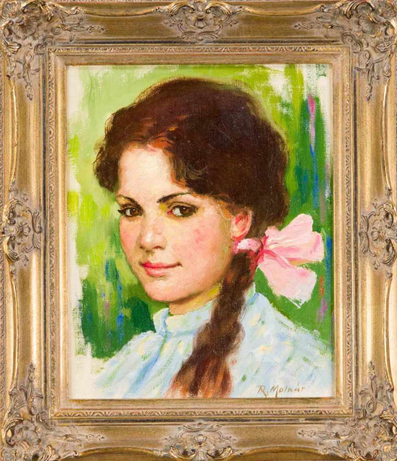 Lajos Rezes Molnar (1896-1989), ungarischer Maler, Portrait eines Budapester Mädchens mitrosa