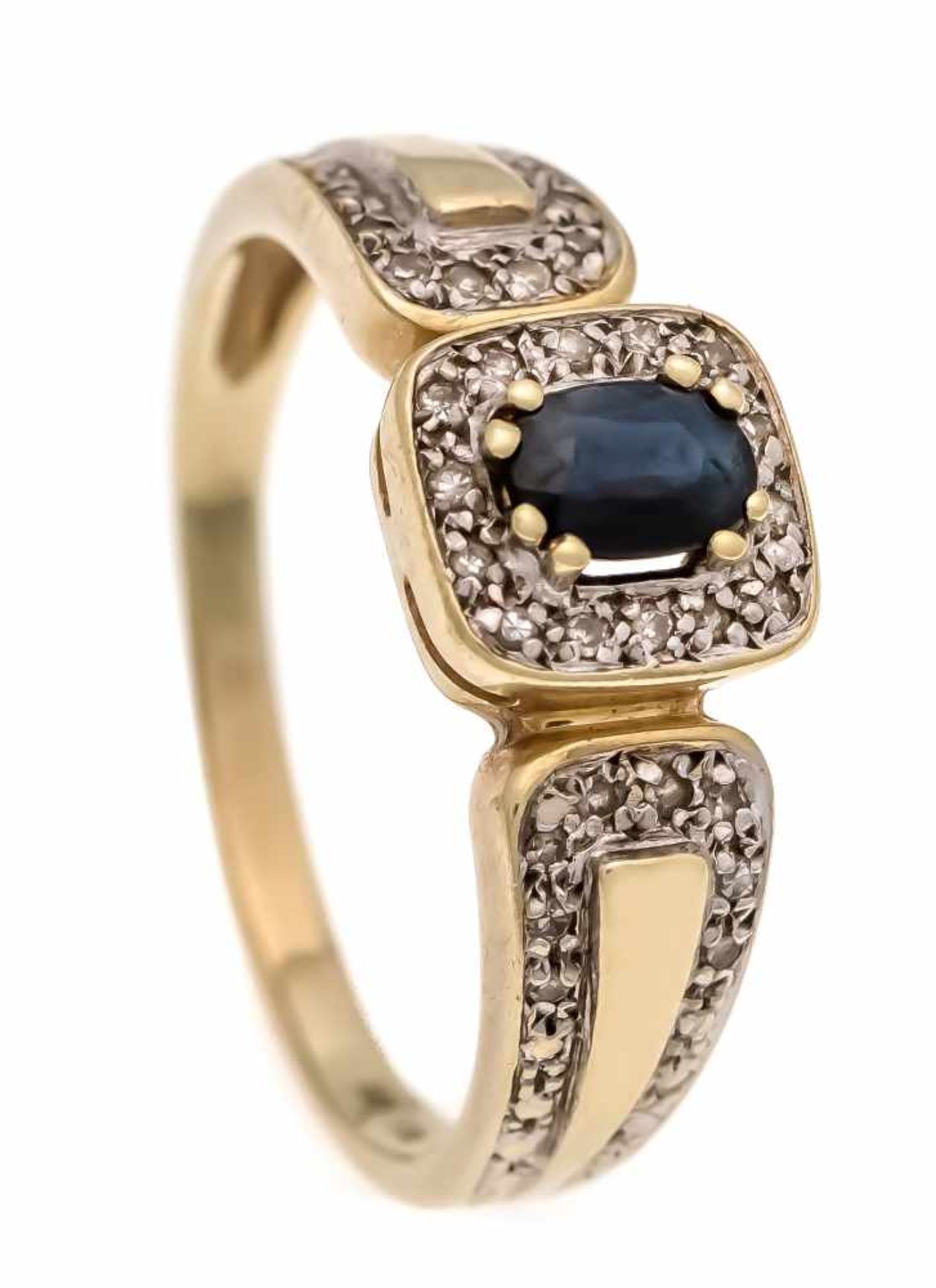 Saphir-Diamant-Ring GG/WG 585/000 mit einem oval fac. dunkelblauen Saphir 5 x 4 mm undDiamanten,