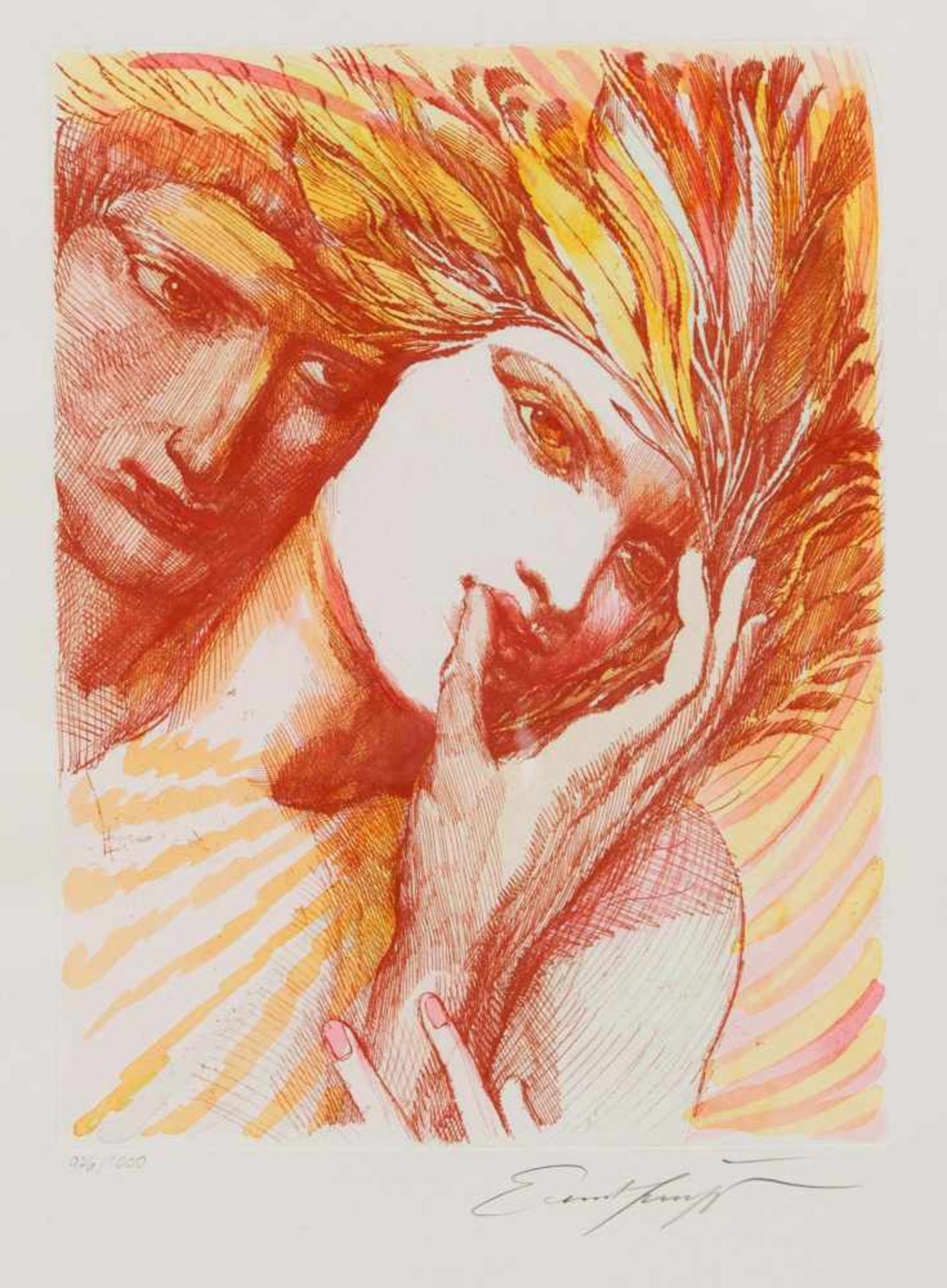 Ernst Fuchs (1930-2015), "Daphne und Apoll", aquarellierte Radierung, u. re. handsigniert,u. li.