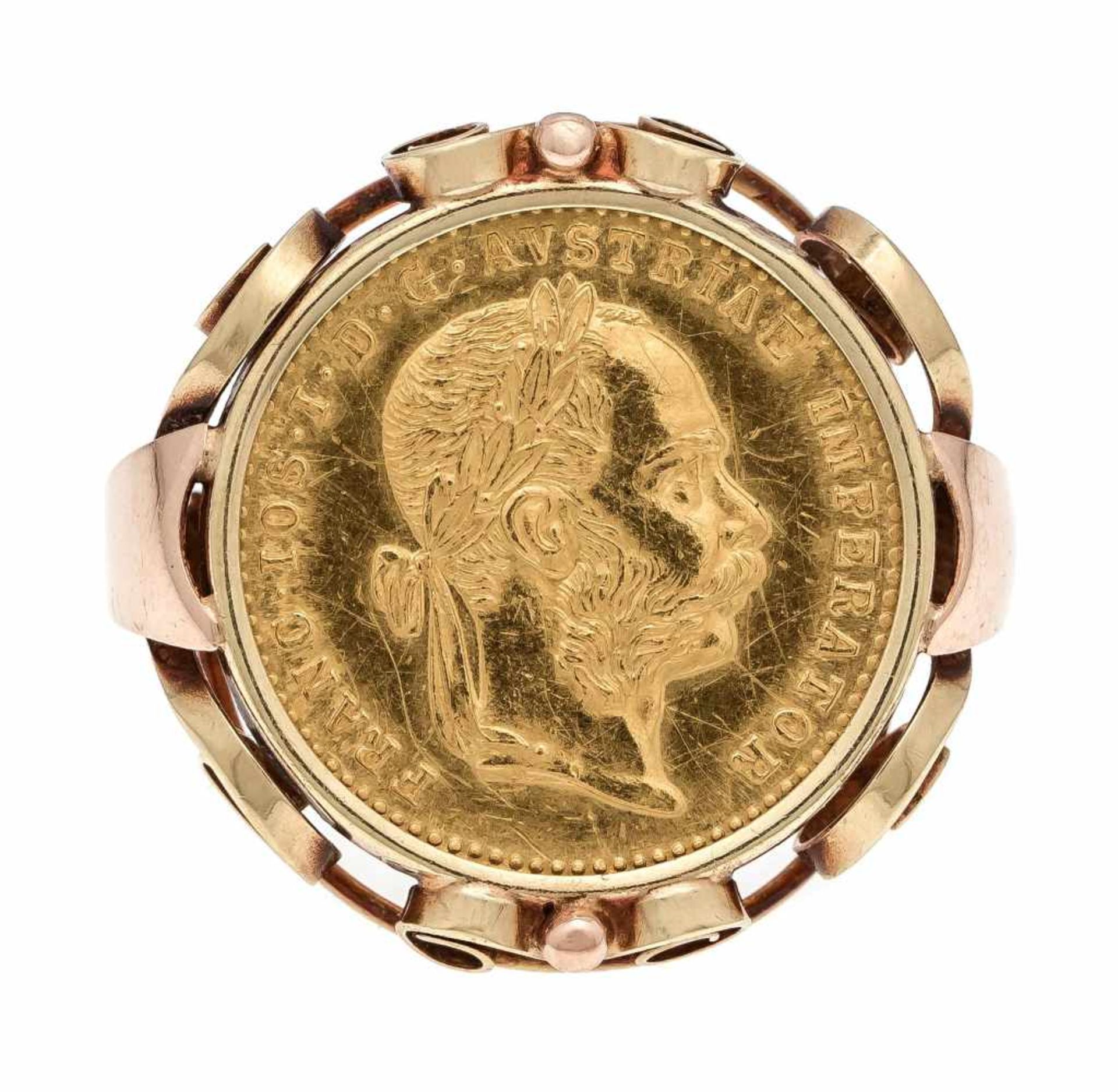 Münz-Ring GG 750/000 mit einer Goldmünze 986/000 1 Dukat 1915, RG 53, 6,7 gCoin ring GG 750/000 with - Image 2 of 3