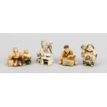 Konvolut kleines Elfenbein: 3 Okimonos & 1 Netsuke, Japan, um 1900. UnterschiedlicheDarstellungen,