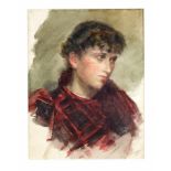 F. Riedel, Maler um 1900, Bildnis einer Frau in Rot, Aquarell auf Papier, unsign., 35 x 27cm. hinter
