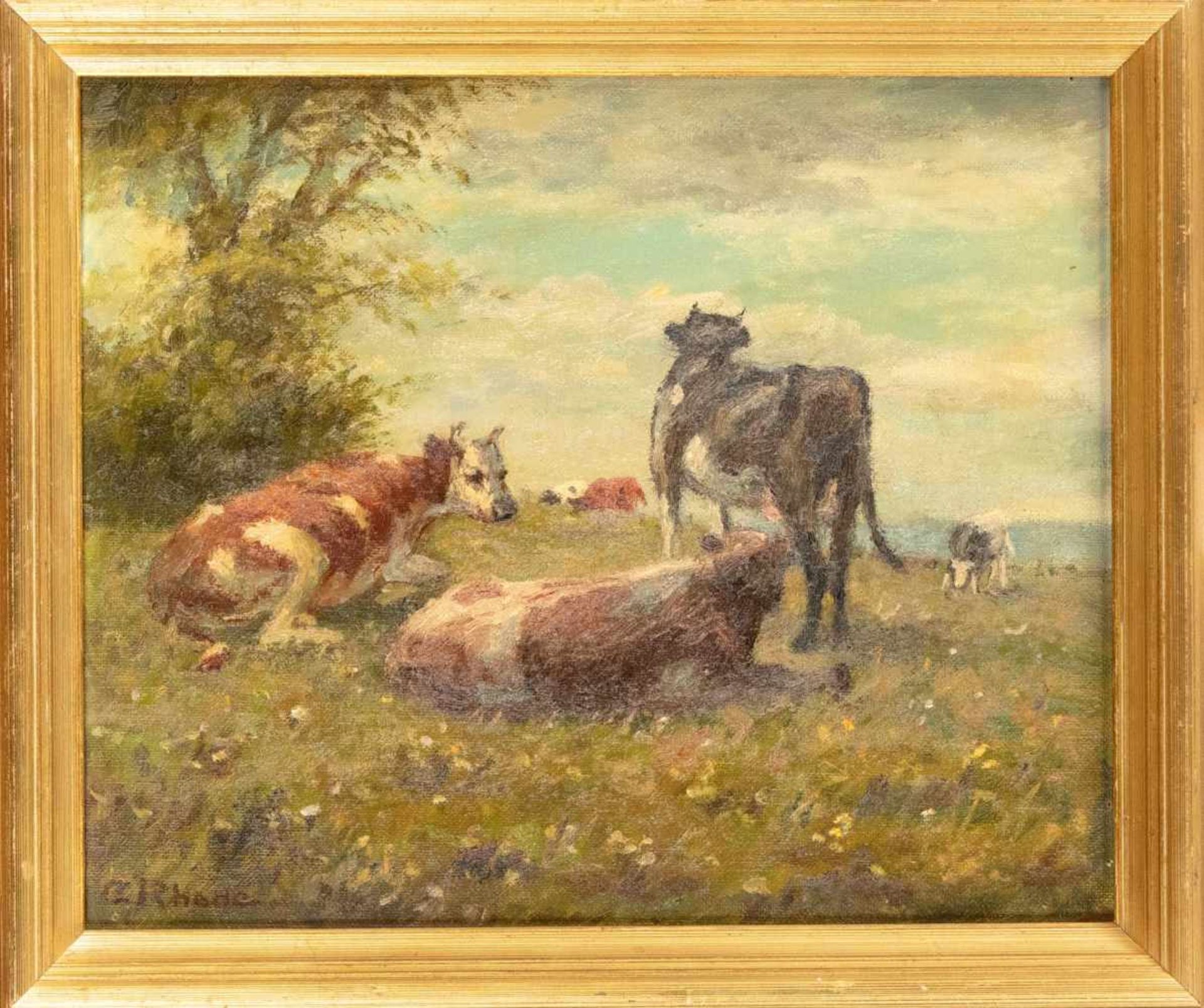 Christian Rhode (1887-?), in Aalborg geb. dänischer Maler, Landschaft mit Kühen aufsonniger Weide,