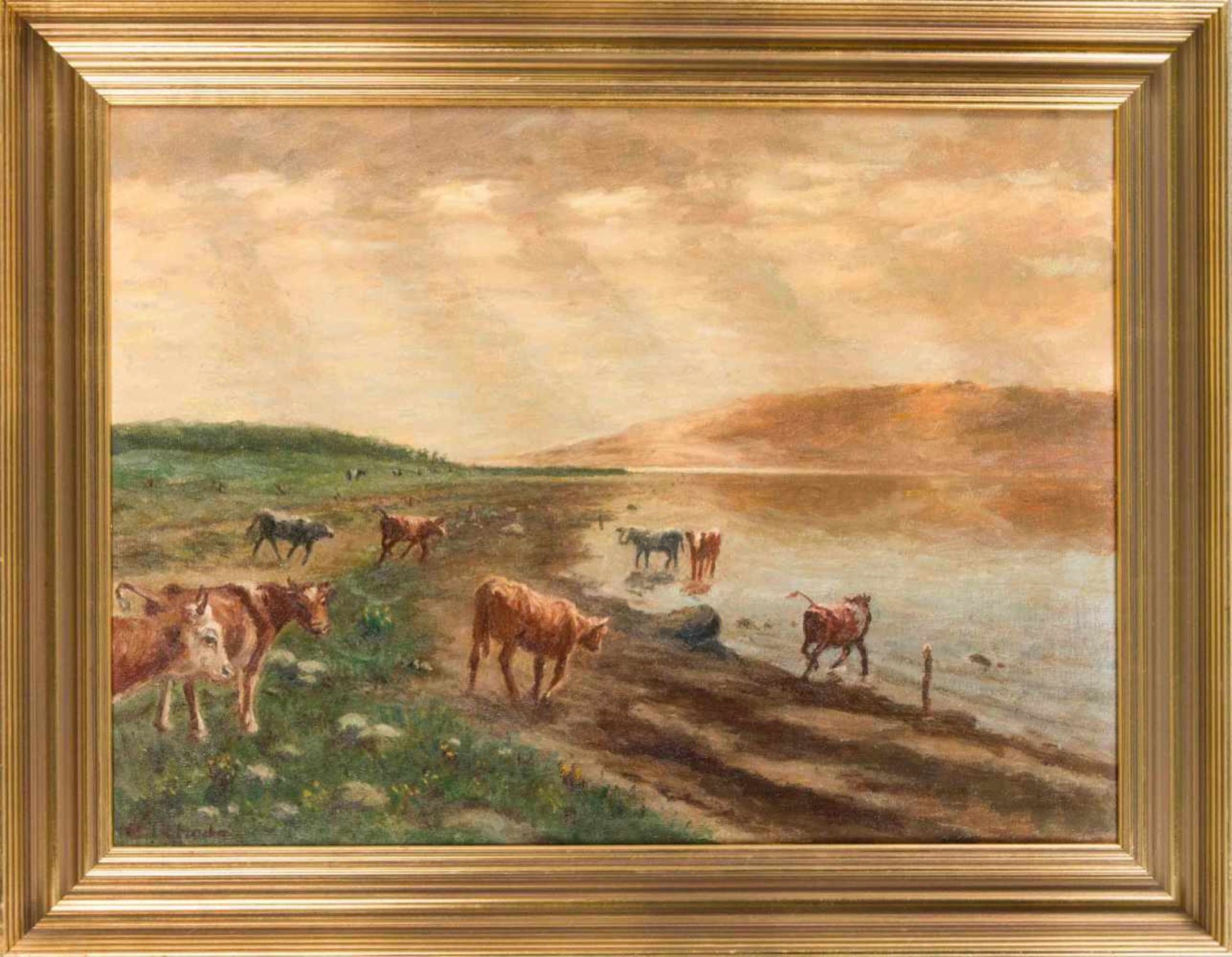 Christian Rhode (1887-?), in Aalborg geb. dänischer Maler, Landschaft mit Kühen am Uferbei