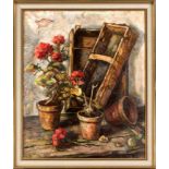 Anonymer Maler Mitte 20. Jh., Stillleben mit Blumen, Pflanztöpfen und Körben, Öl aufHartfaser,