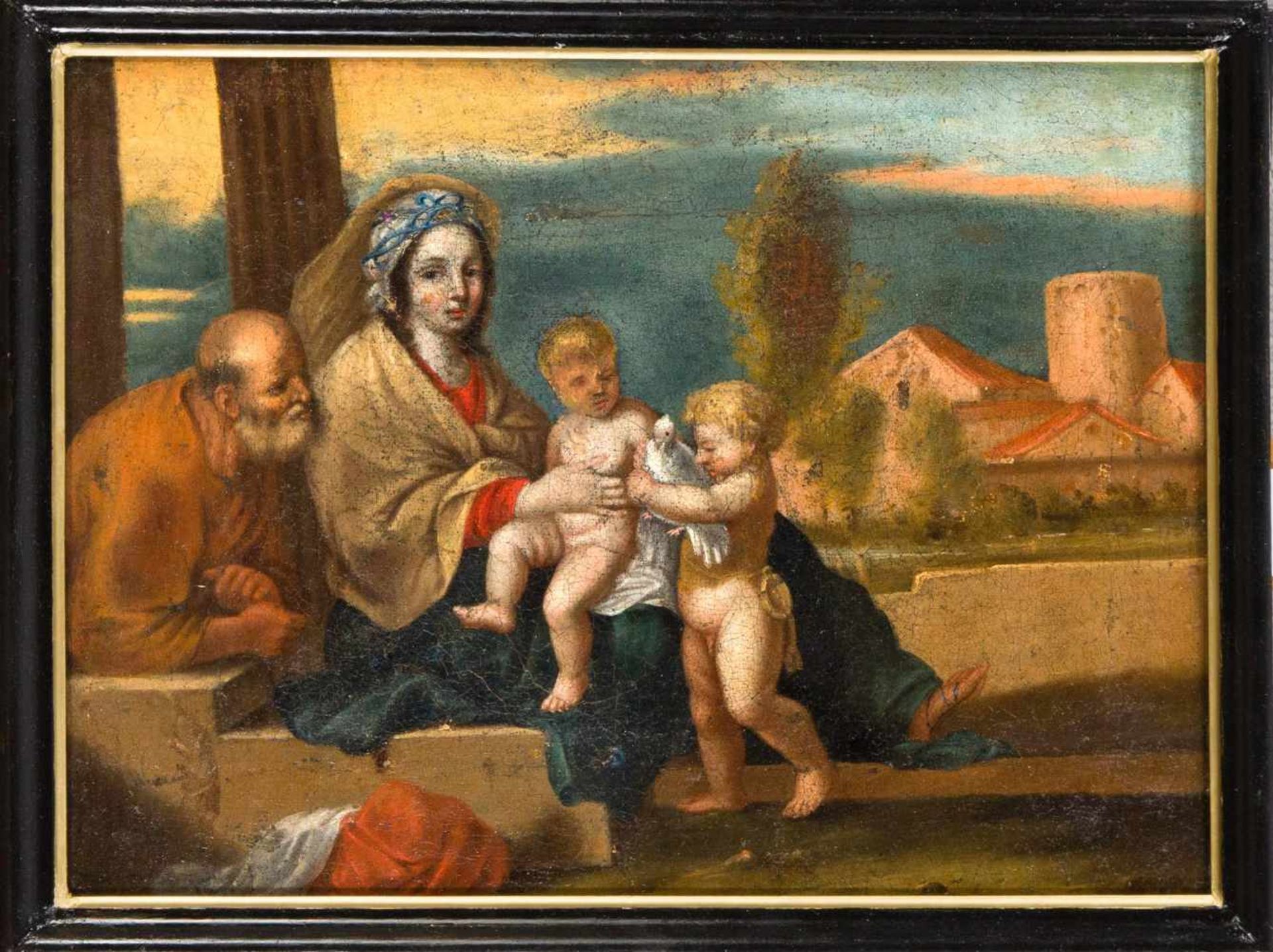 Italienischer Maler um 1700, die Heilige Familie mit Johannes, der eine Taube hält voreiner