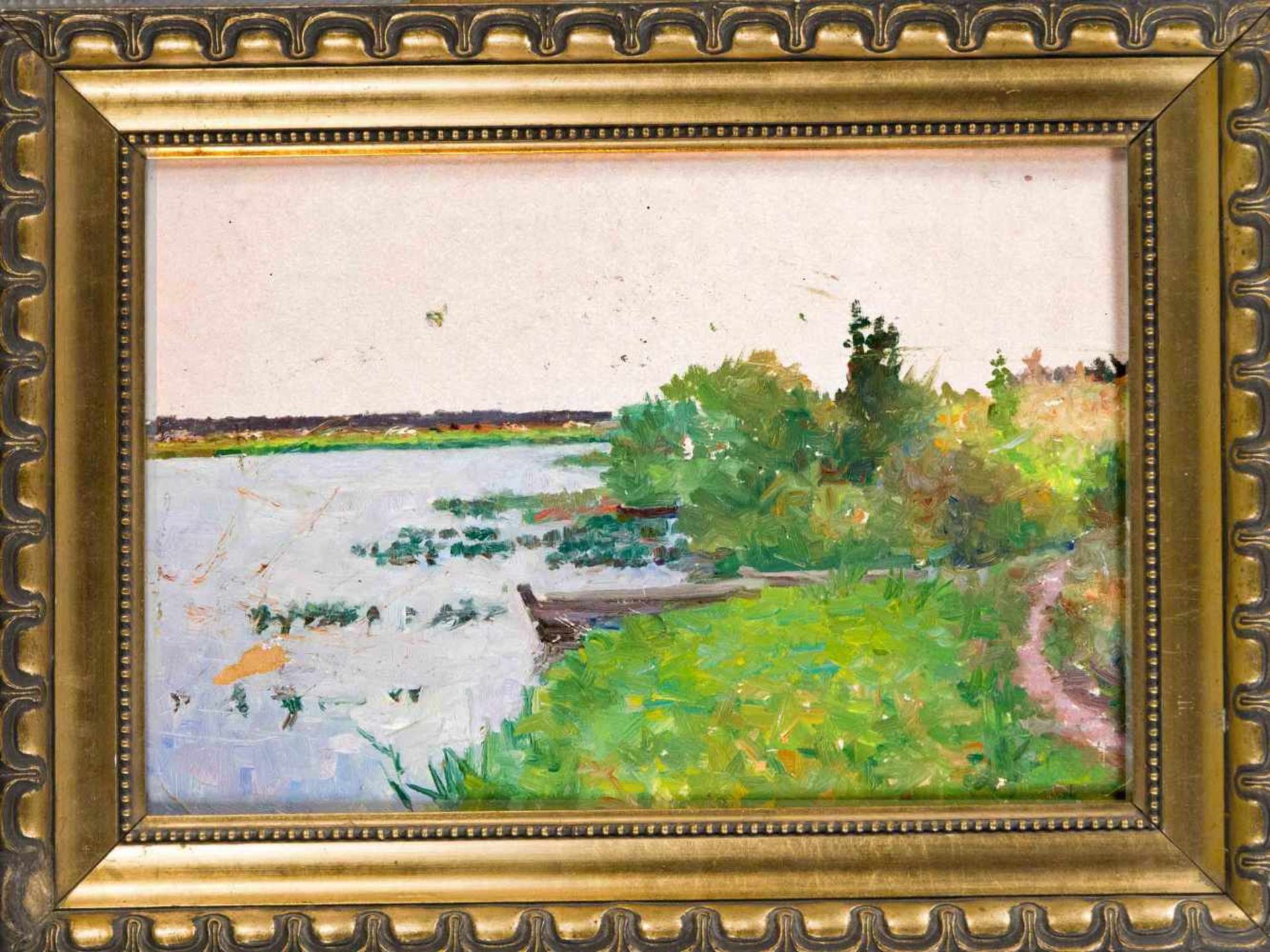 Anonymer russischer Landschaftsmaler Mitte 20. Jh., Uferlandschaft, Ölstudie auf leichtemKarton,