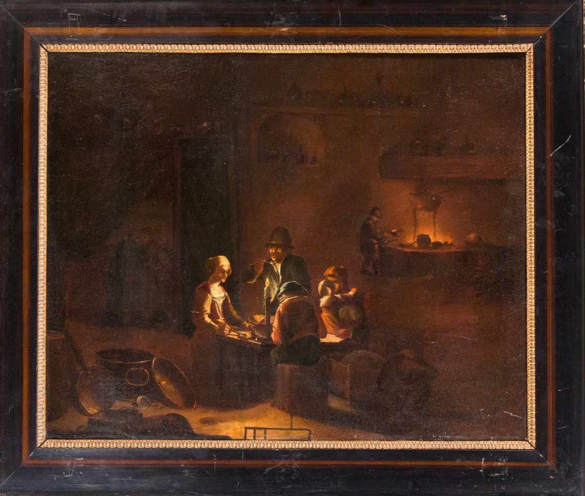 Niederländischer Genremaler des 18. Jh., großes Wirtshausinterieur im Schein einer Kerzeim Zentrum