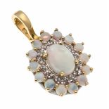 Opal-Diamant-Clipanhänger GG/WG 585/000 mit Milchopalcabochons 8 x 6 und 2 mm mit gutemFarbenspiel