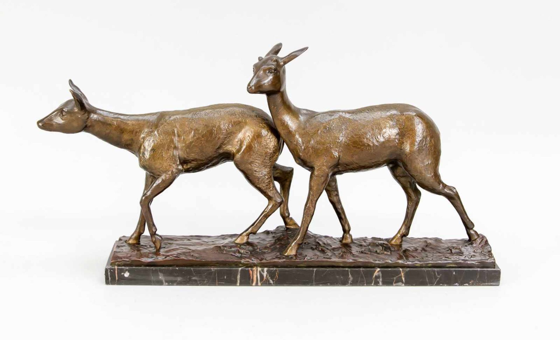 A. Plisnier, frz. Bildhauer um 1900, Rotwild, zweifarbig patinierte Bronze auf