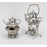 Zwei Jugendstil - Teekannen auf Rechaud um 1910, Messing vernickelt, H. bis 38 cm