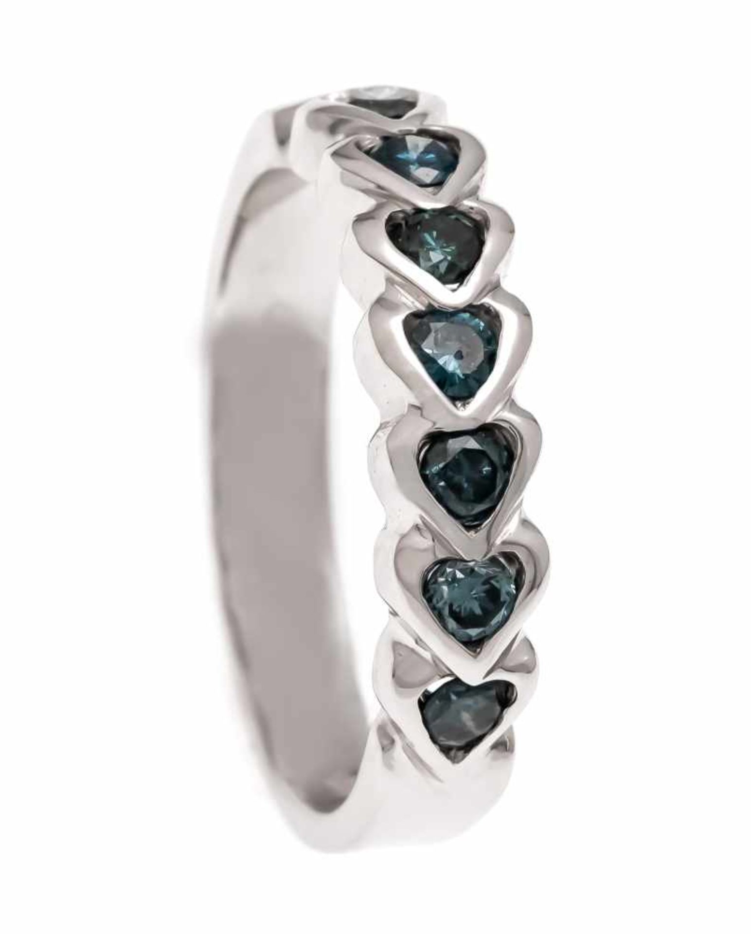 Ocean Blue Brillant-Ring WG 585/000 mit 7 Brillanten, zus. 0,45 ct fancy Ocean Blue/PI, RG54, 4,0