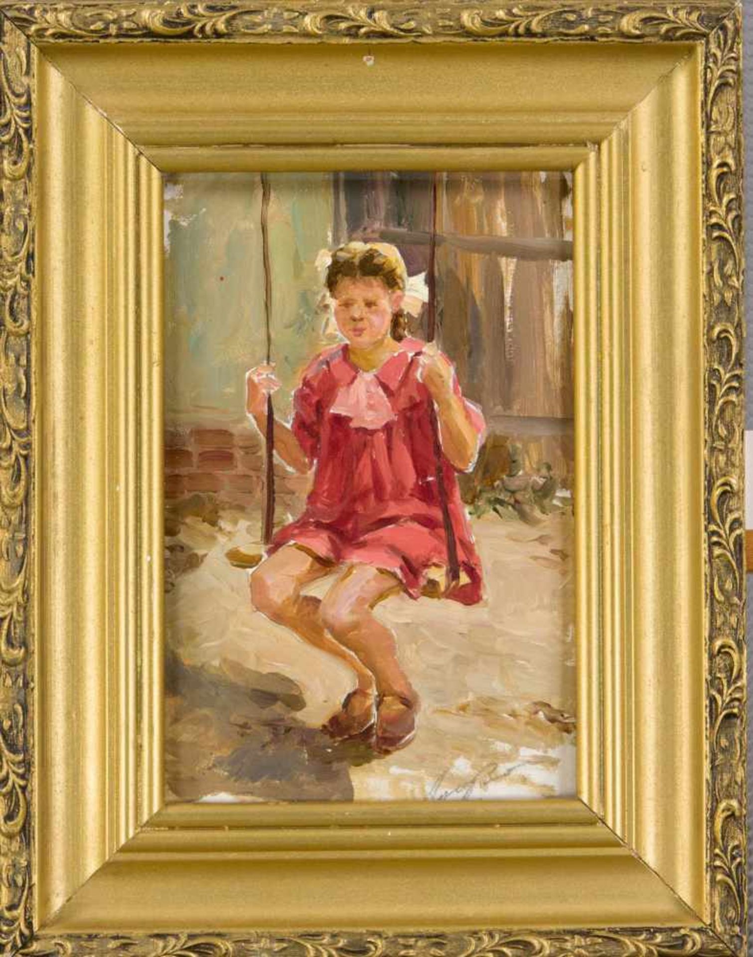 Anonymer, russischer Maler 2. H. 20. Jh., junges Mädchen in rotem Kleid auf einerSchaukel, Öl auf
