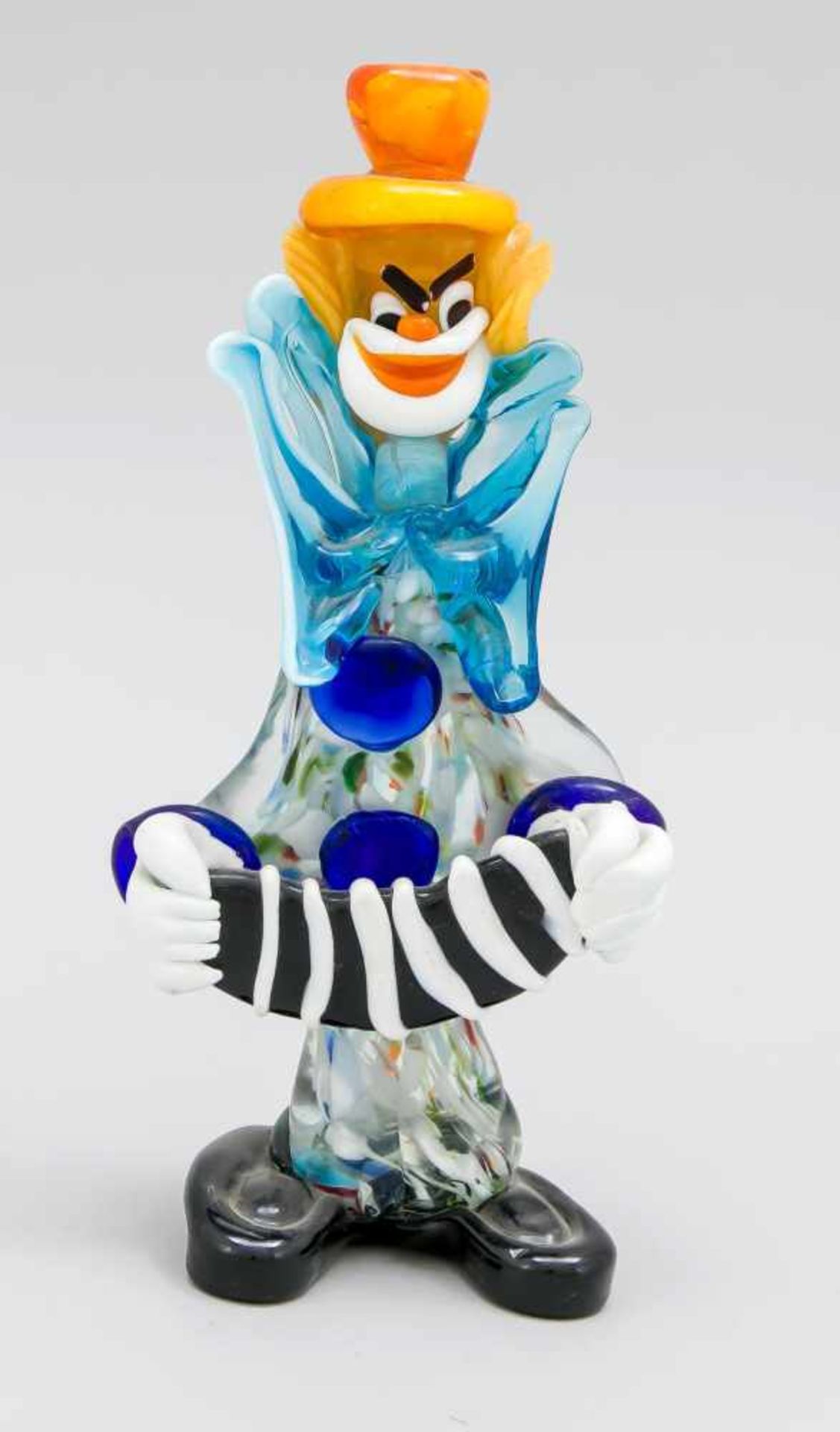 Stehender Clown mit Ziehharmonika, Italien, 20. Jh., Murano, klares und farbiges Glas,tlw. mit