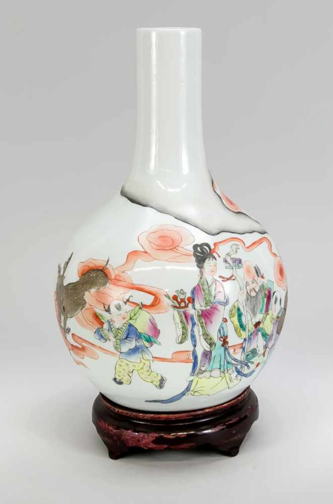 Vase, China, 20. Jh., Republik Periode, Flaschenform, polychrome Figurenszene, H. 31 cm,auf rundem