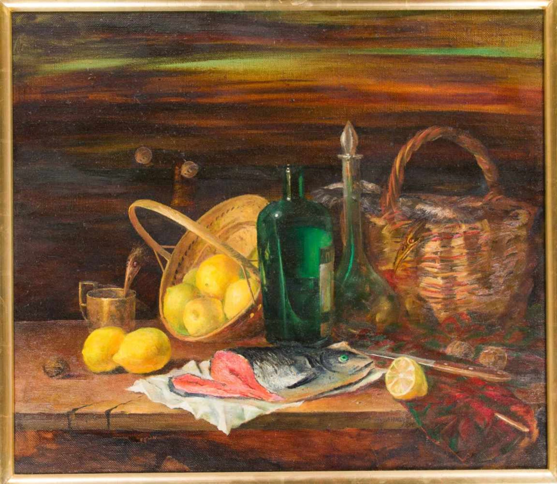 Vladimir Pyzankow (*1950), russischer Maler, Stillleben mit Lachs, Zitronen und Gefäßen,Öl auf Lwd.,