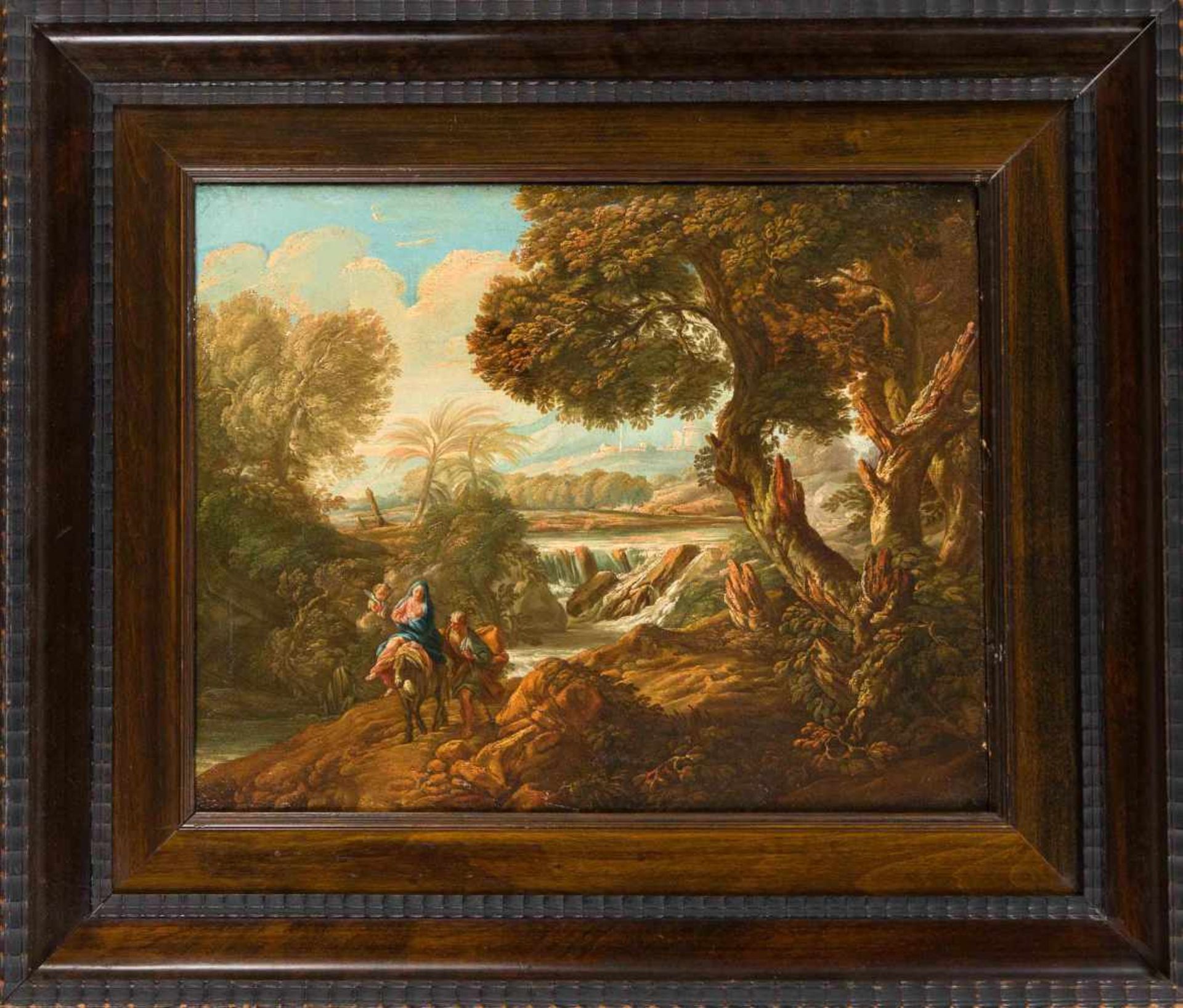Anonymer Maler um 1800, "Flucht nach Ägypten", die heilige Familie begleitet von zweiPutti in