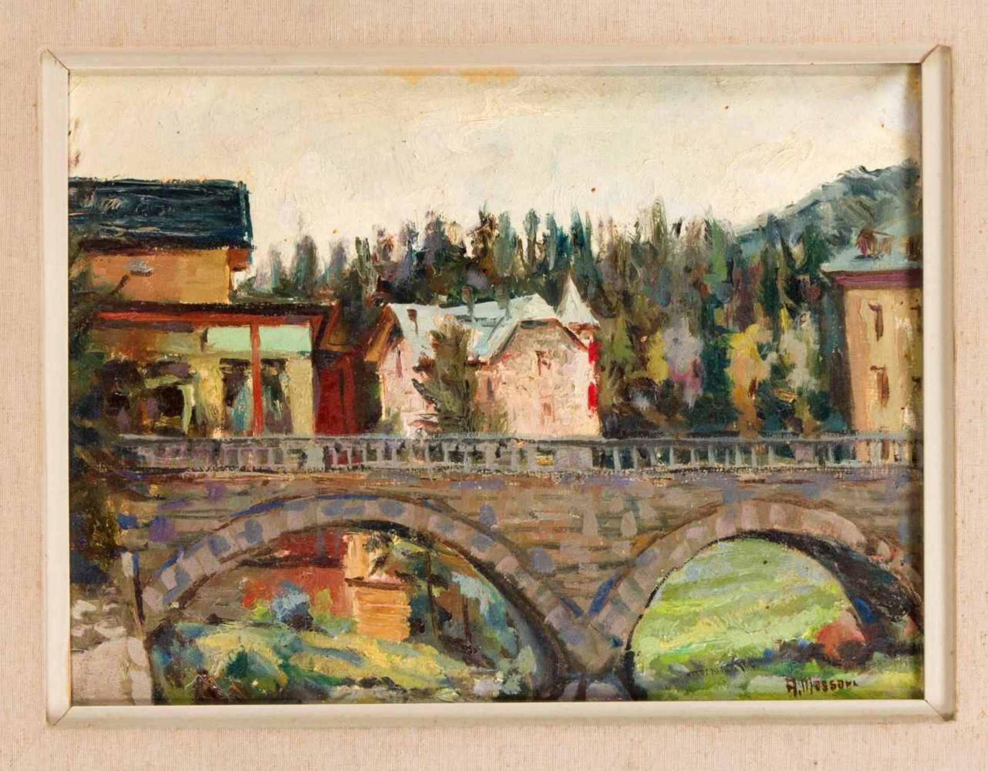 Aldo Massari (1927-2000), Dorfansicht mit Brücke, Öl auf Lwd., u. re. sign. "A. Massari",30 x 40 cm,