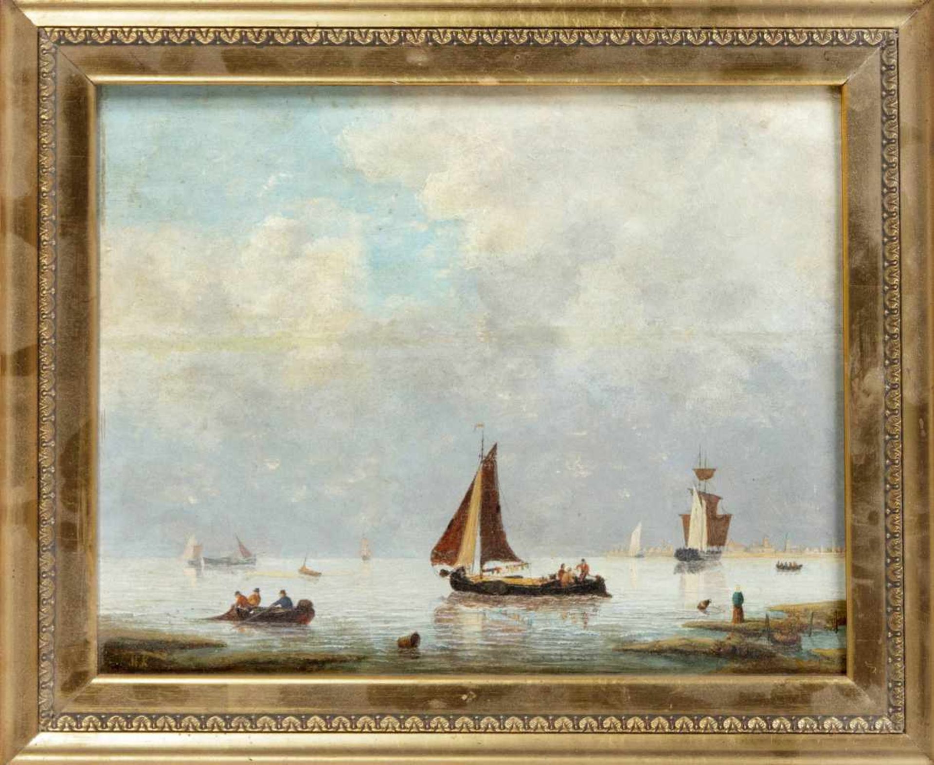 Niederländischer Marinemaler des 19. Jh., Fischer und zahlreiche Boote vor der Küste mitAnsicht