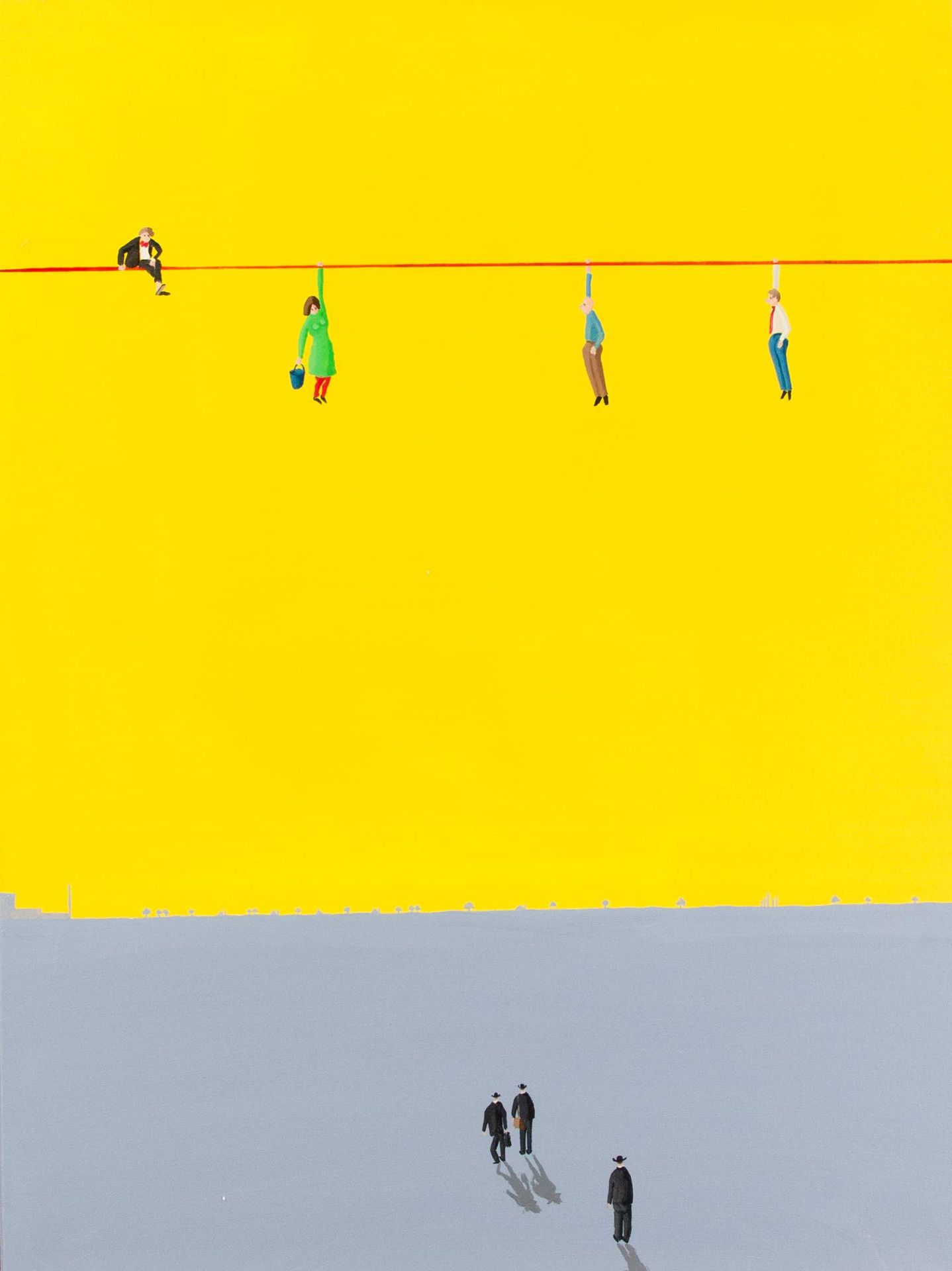 Jens Ulrich Petersen (*1947), zeitgenössischer, dänischer Künstler, surreale Landschaftmit Hochseil,