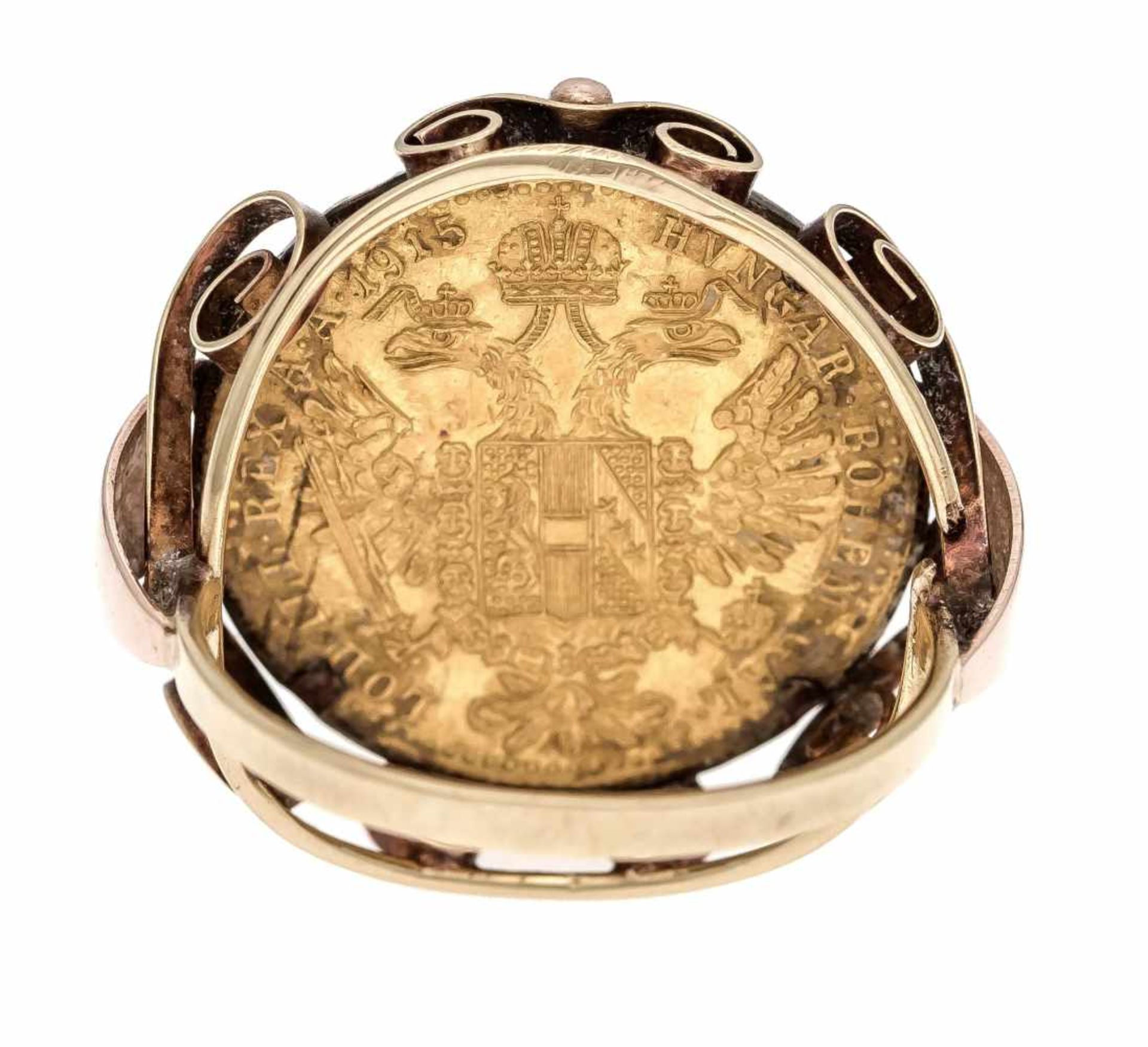 Münz-Ring GG 750/000 mit einer Goldmünze 986/000 1 Dukat 1915, RG 53, 6,7 gCoin ring GG 750/000 with - Image 3 of 3